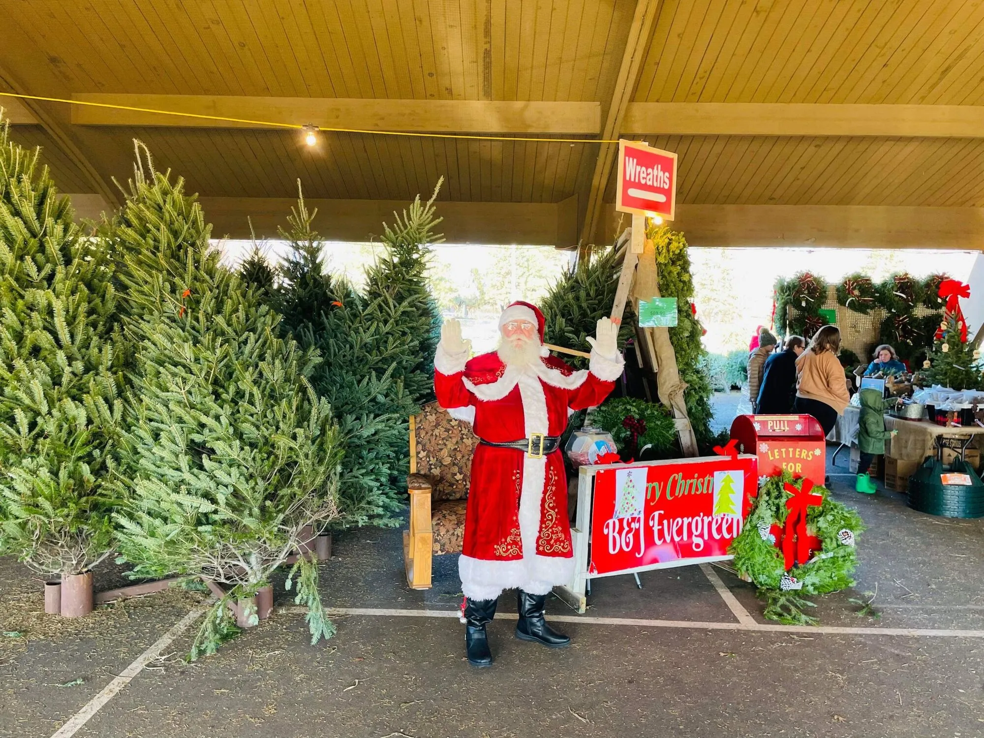 Santa waving between fresh-cut trees and wreaths at a B&J Evergreen metro lot